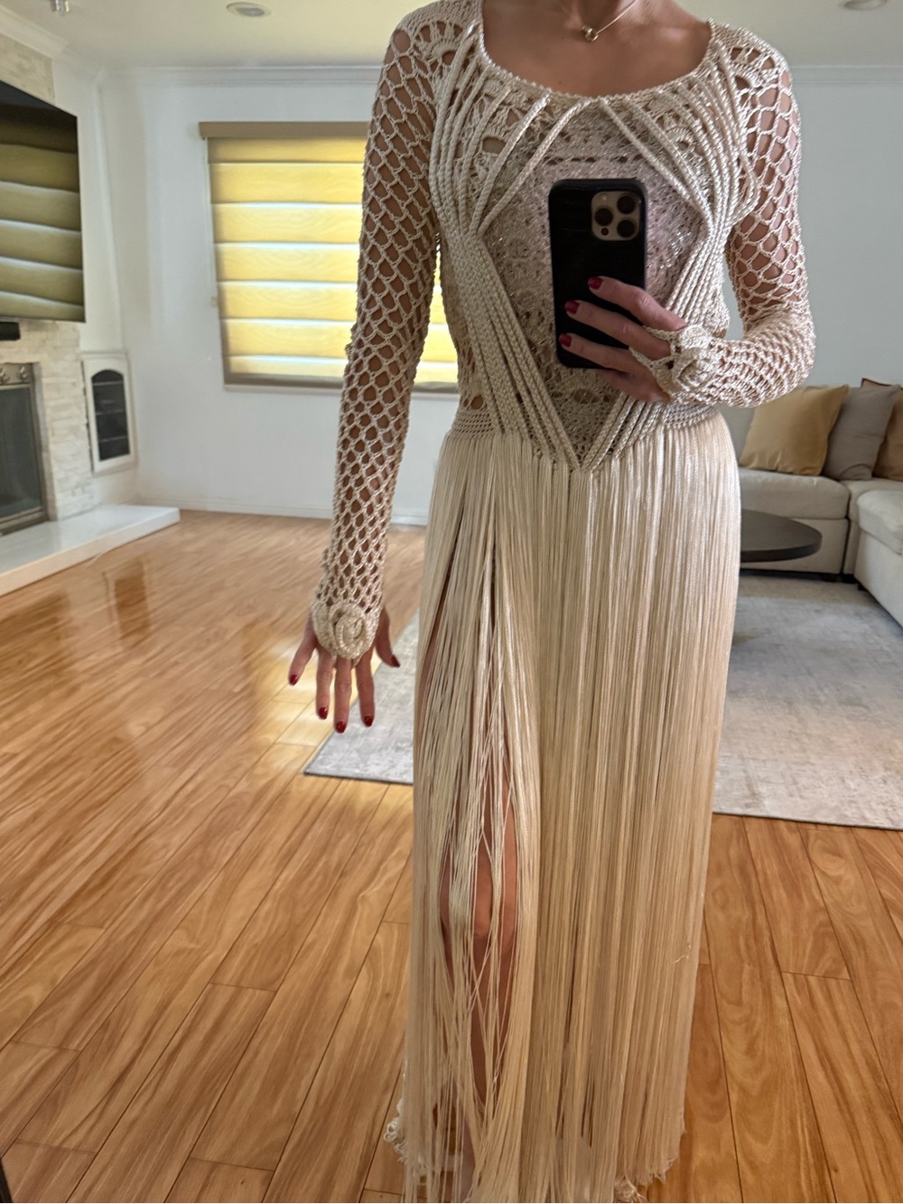 Boho Crochet Fringe Maxi Dress in Cream